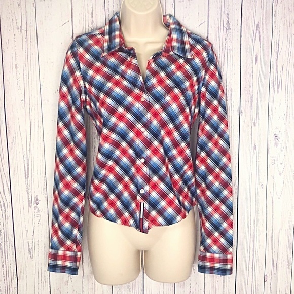 Tommy Hilfiger vintage plaid button down shirt cotton red white blue rhinestones - Picture 1 of 8